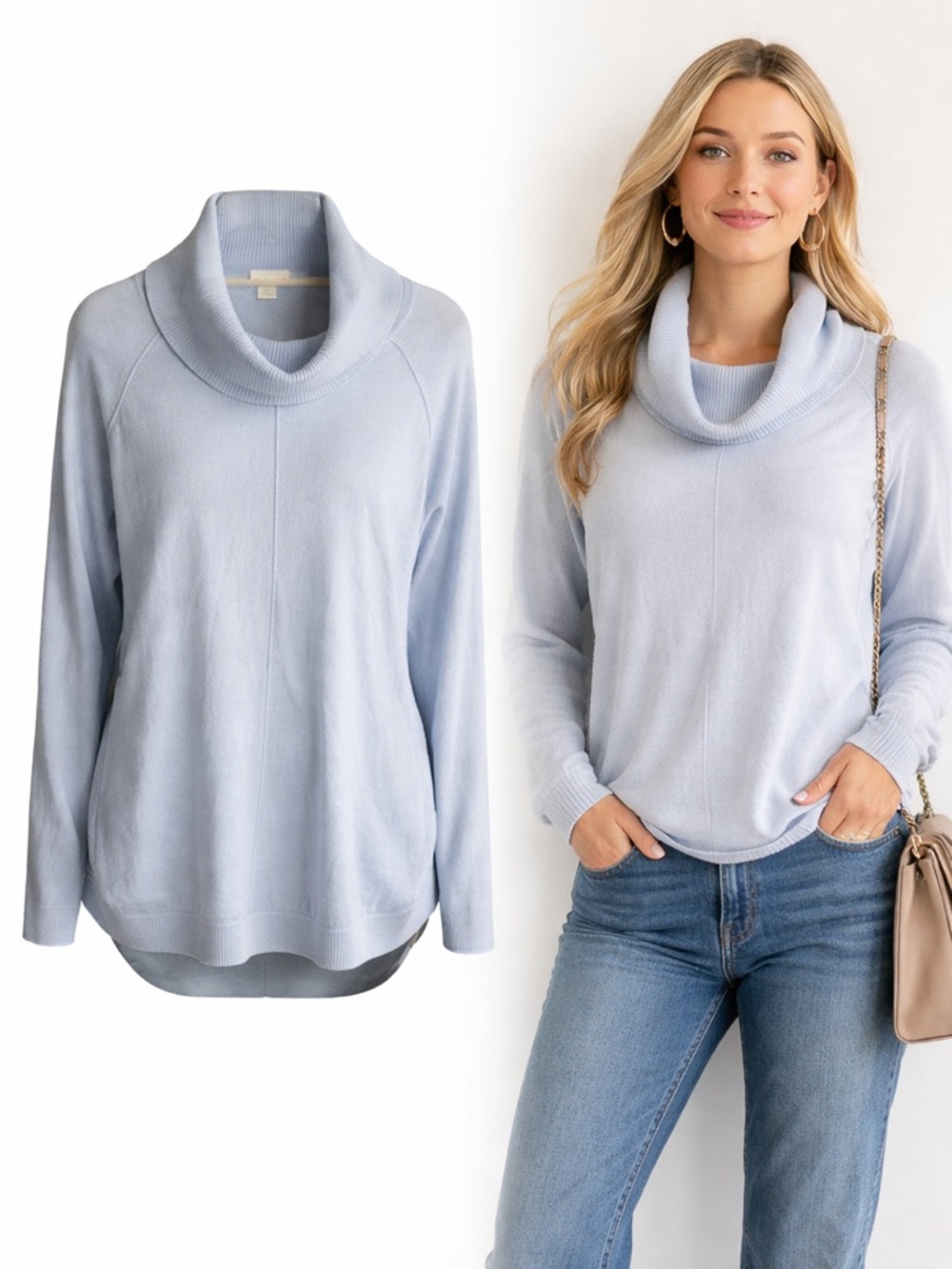Caslon | Light Blue Cowl Neck Sweater | Soft Knit Pullover | Long Sleeve | XL